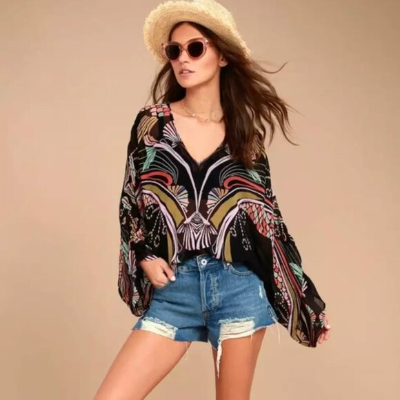FREE PEOPLE Beneath the Sea Black Print Top size M - Picture 14 of 14